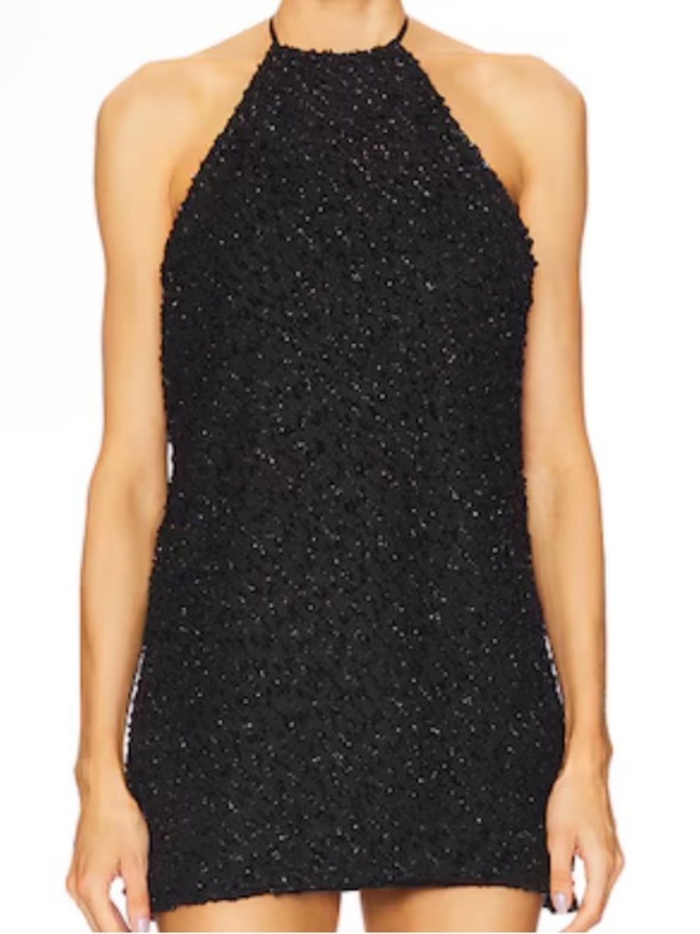 NBD Revolve Flora Black Halter Neck Tie Closure Mini Dress w Metallic Threading